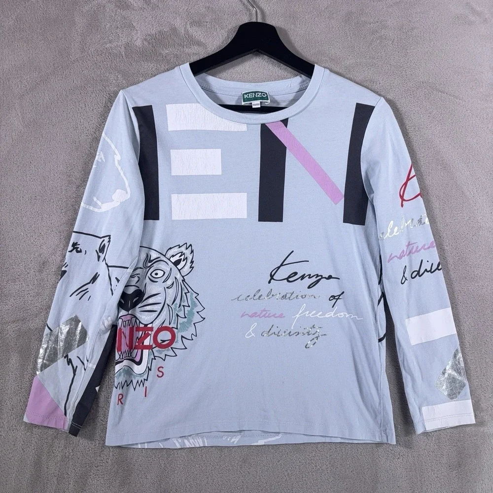 Kenzo Kids Long Sleeve Shirt Girls 12A/150 Blue Tiger Graphic Logo Designer Top